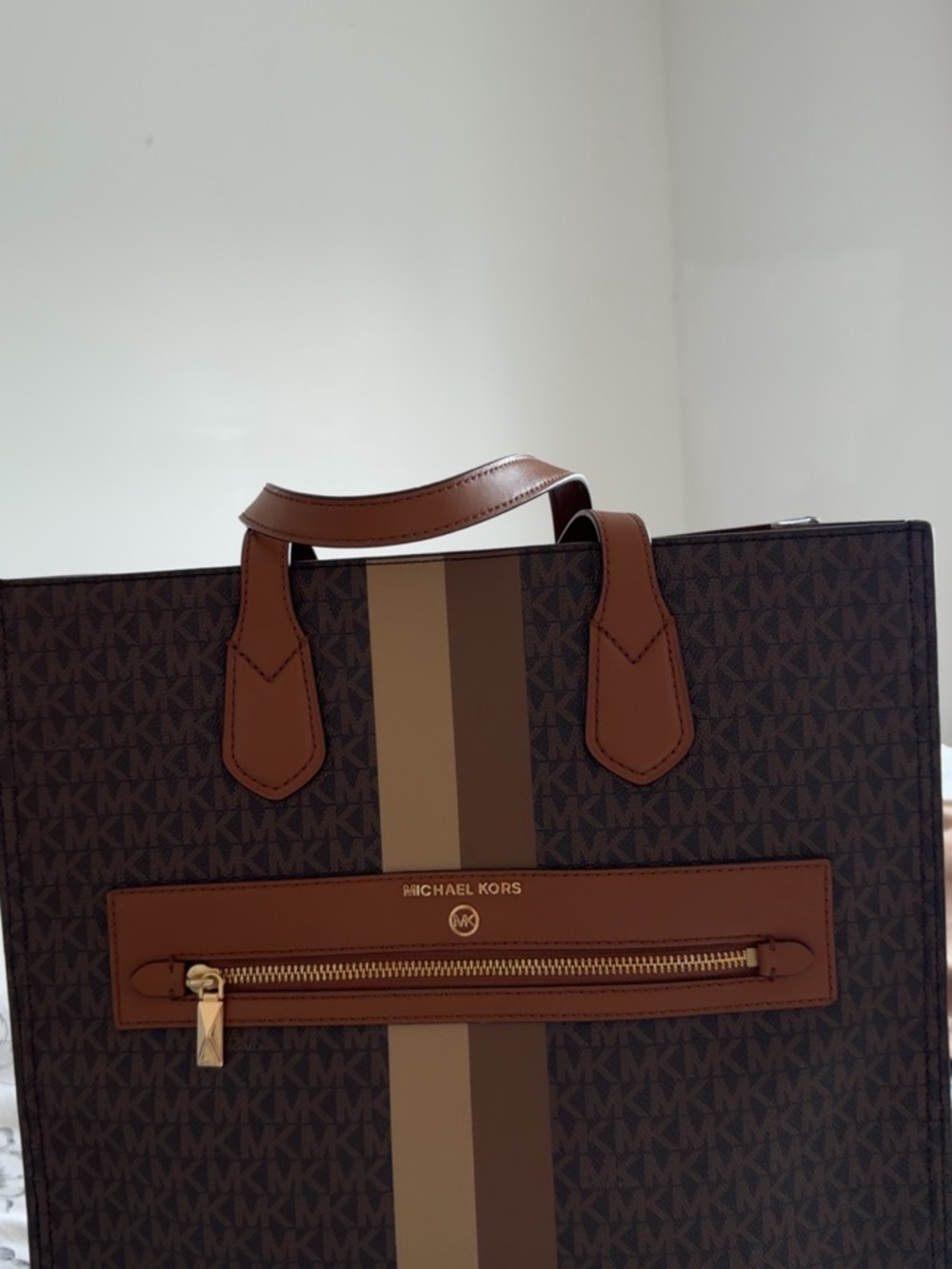 Michael Kors Brown and Tan MK Monogram Stripe Tote